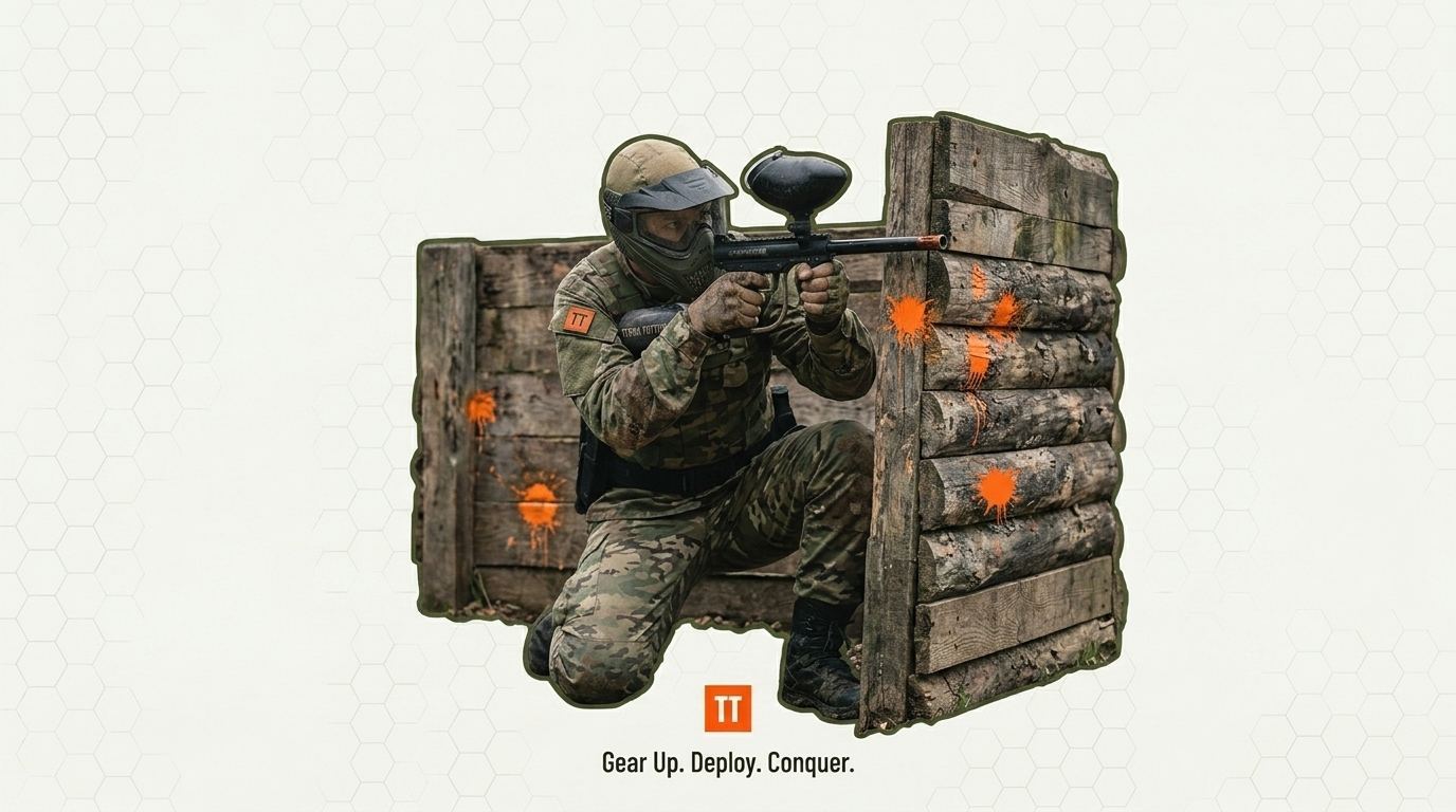 Giocatore Terra Tattica in azione dietro un ostacolo tattico durante il torneo di Paintball